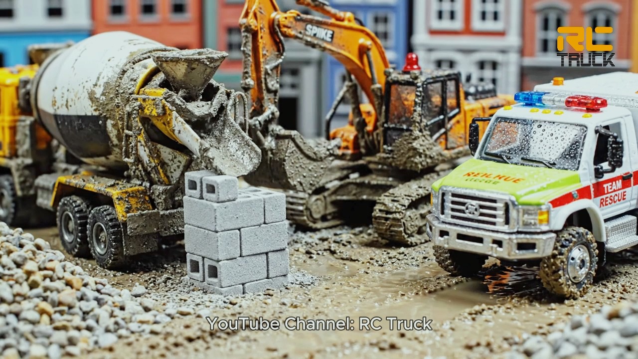 A team of cheerful RC construction vehicles including a big Cement Truck | RC Truck