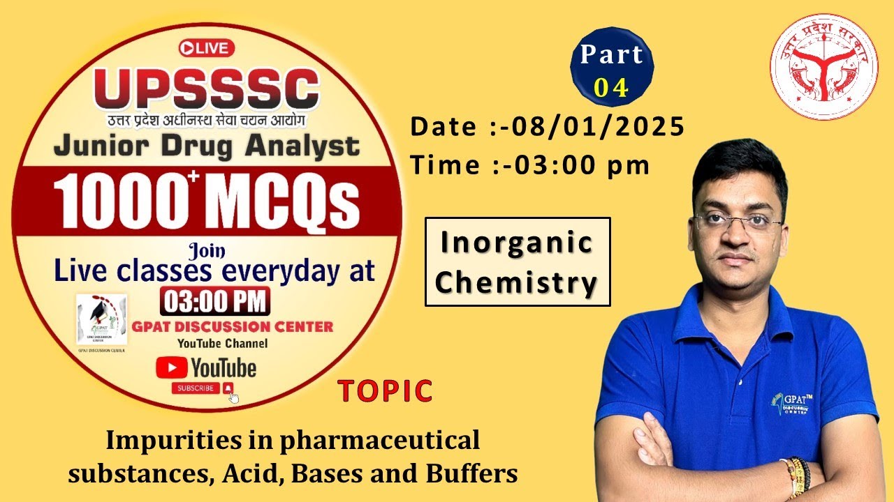 UPSSSC DRUG ANALYST MCQ✍️PART- 4 | IMPURITIES, ACID, BASE AND BUFFERS- INORGANIC CHEMISTRY #gdc