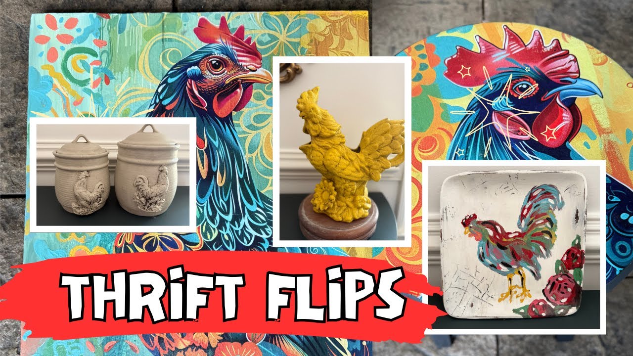 FIVE Fun ROOSTER Thrift Flips-NEW Paint Techniques, Decoupage, Stamps & Moulds-Iron Orchid Design💛