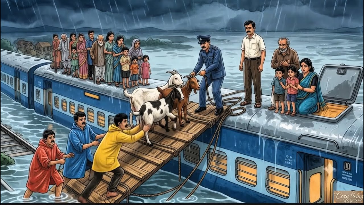 90s Train Journey | Train Trapped by a Sudden Flood | A Rainy Ride to Grandma's Village | AI Ghibli