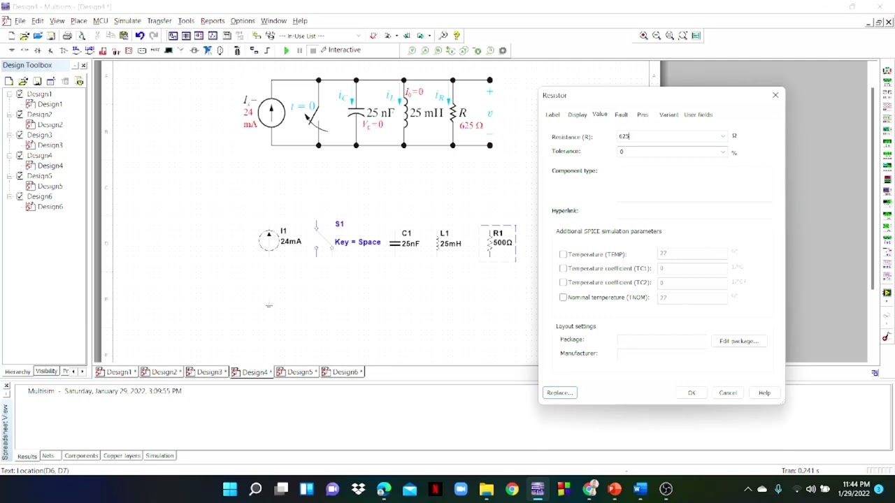 The step response of parallel RLC circuit | simulation in multisim | graph figure