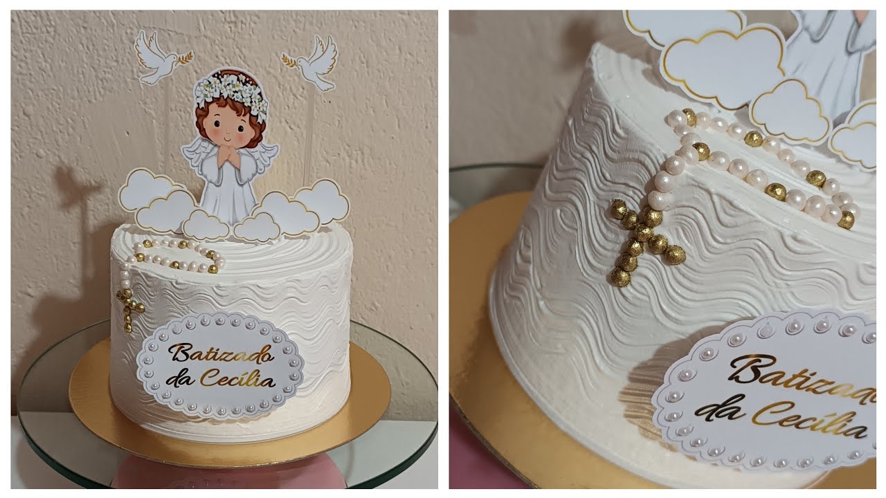 Bolo batizado | Menina | Chantilly branco | Redondo | Topper | Pérolas | 1 kg | Espatulado.