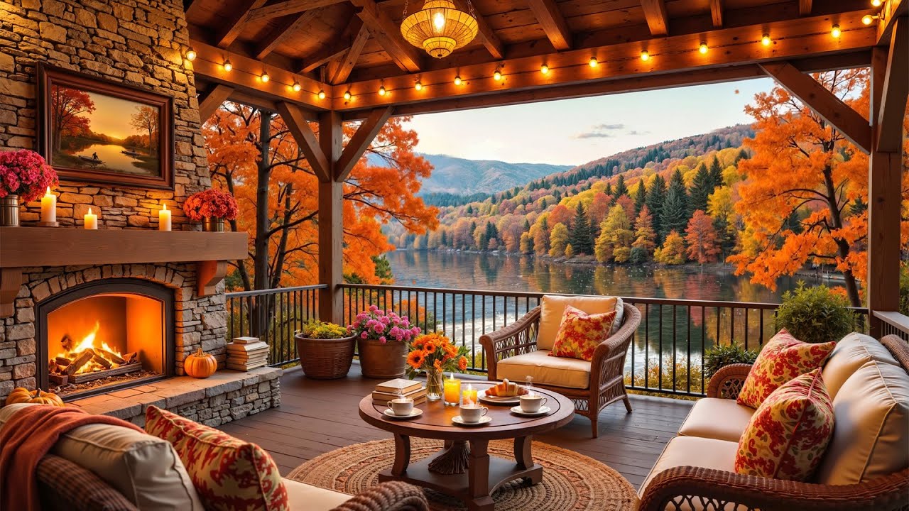 Cozy Autumn Porch by the Lake 🍁 Fireplace Jazz & Peaceful Ambience for Study and Relaxation