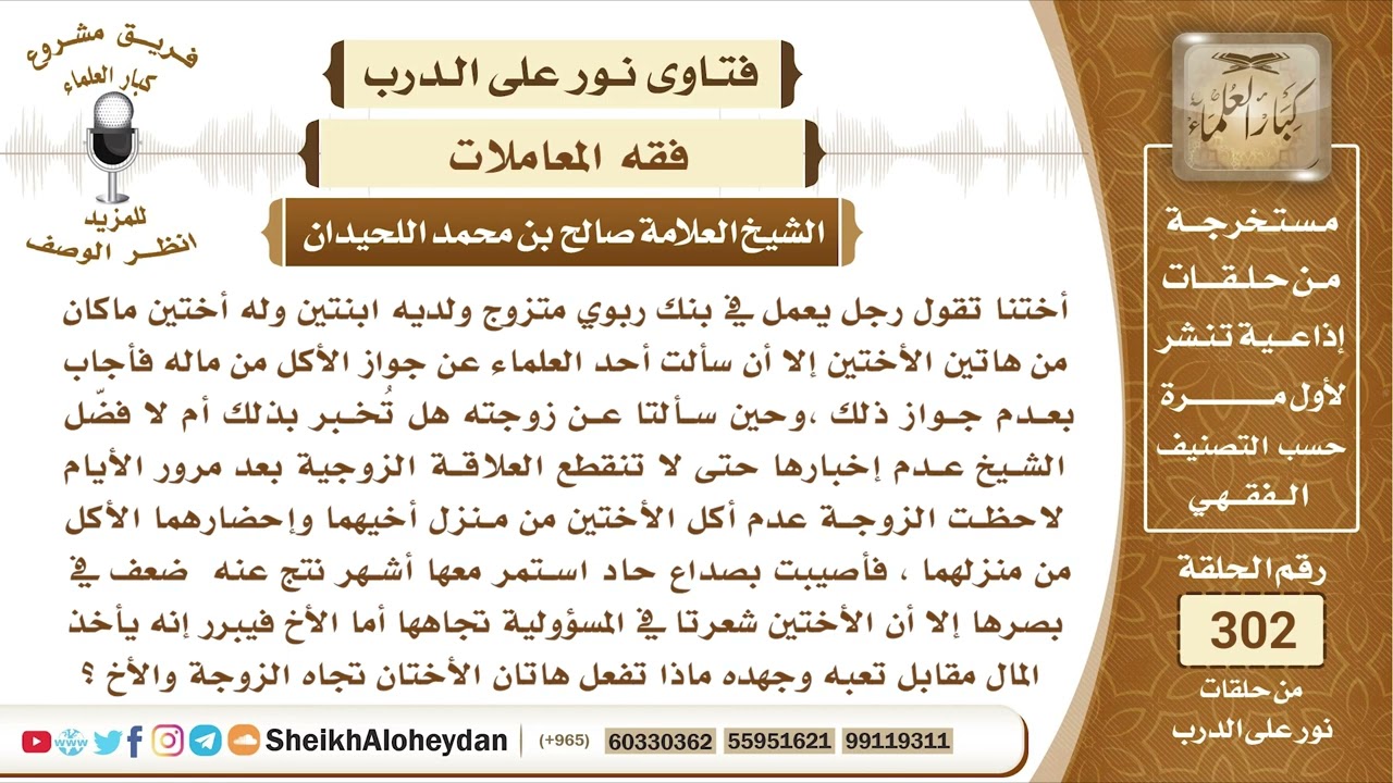 28 -  حكم الأكل من كسب الموظف في بنك ربوي  الشيخ صالح بن محمد اللحيدان - نور على الدرب
