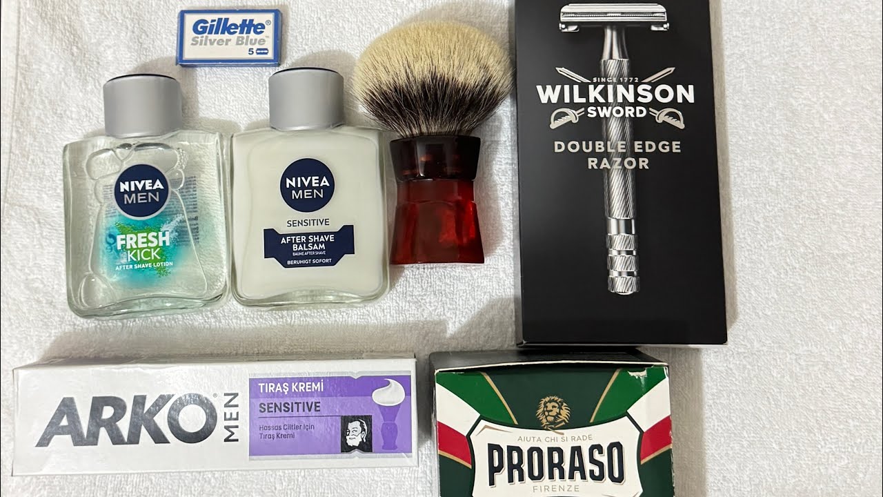 Wilkinson sword çevir aç klasik tıraş aleti, yaqi moka tıraş fırçası, Arko sensitive tıraş kremi