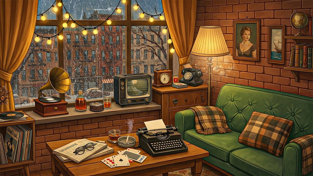 Old Radio Rain Night - Vintage Oldies Playing in Another Room 1940s - Cozy Ambience