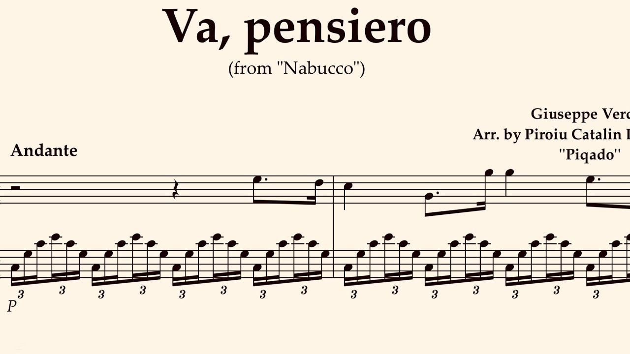 G. Verdi - Va, Pensiero (Nabucco) arr.by Piqado for Solo Piano Sheet Music Easy to Read Intermediate