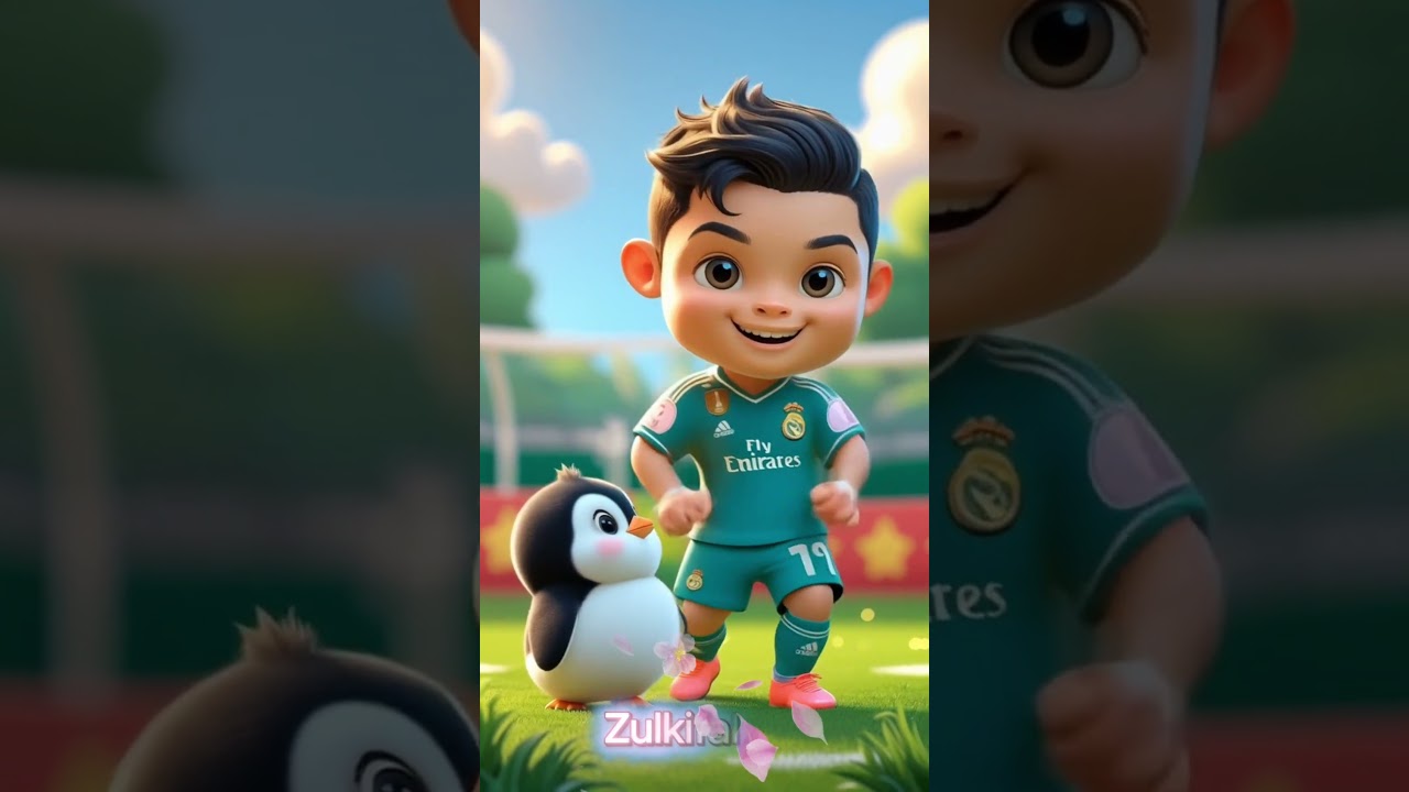 Cute penguin enjoying with footballer 