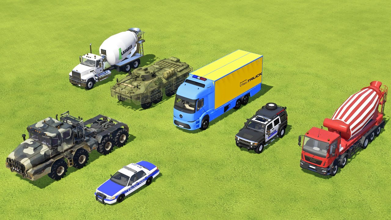 VOLVO FIRE TRUCK, MIXER TRUCK, MILITARY TANK, POLICE CAR TRANSPORT TO GARAGE WITH MAN & SCANIA TRUCK