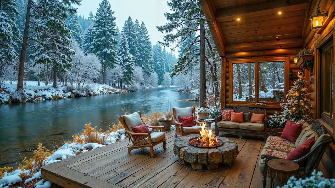 Late Winter Snowfall ❄️🌺 Early Spring | Relaxing Piano Music with Campfire by the Lakeside Cabin
