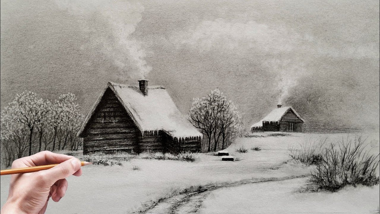 How to draw a winter landscape | Drawing a realistic landscape with pencil step by step
