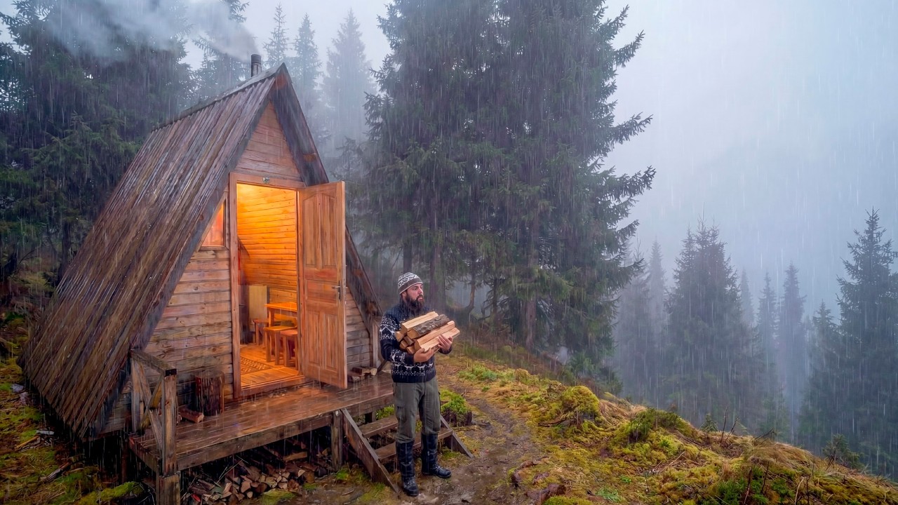 24 Hours Alone in a Log Cabin | Rain and Snowstorm ASMR