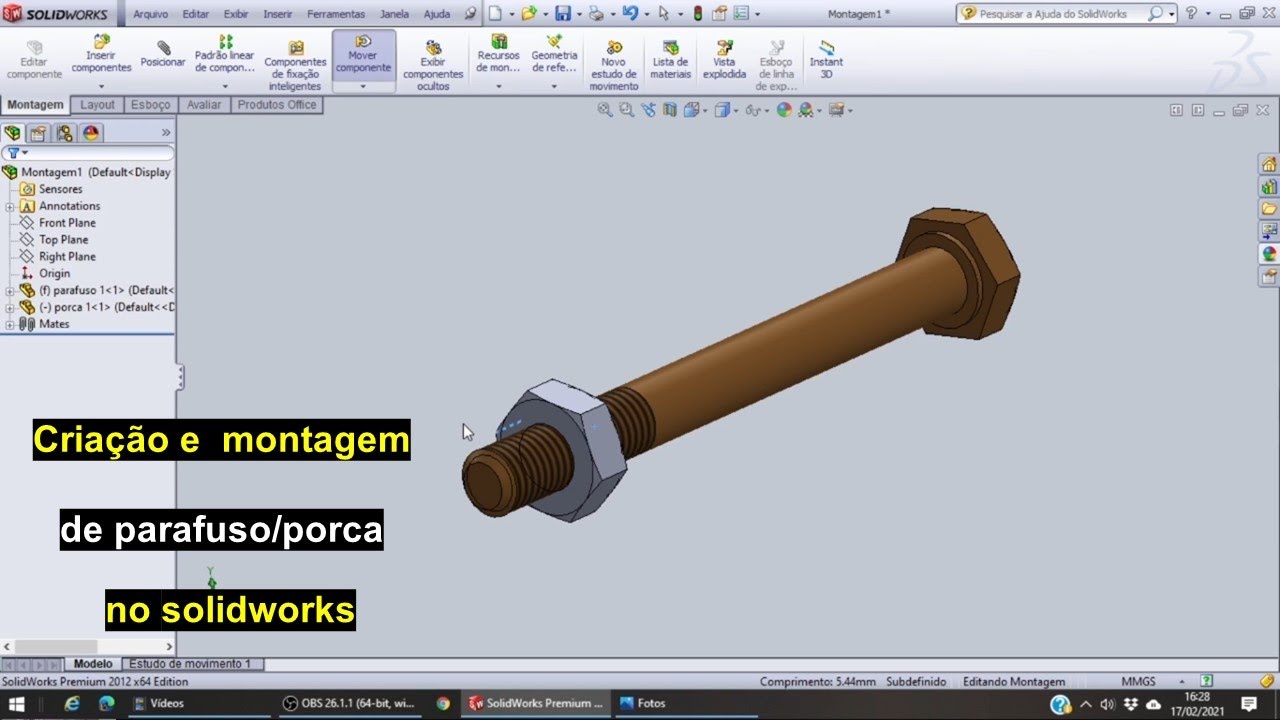 11 - Criação e montagem de parafuso e porca no solidworks