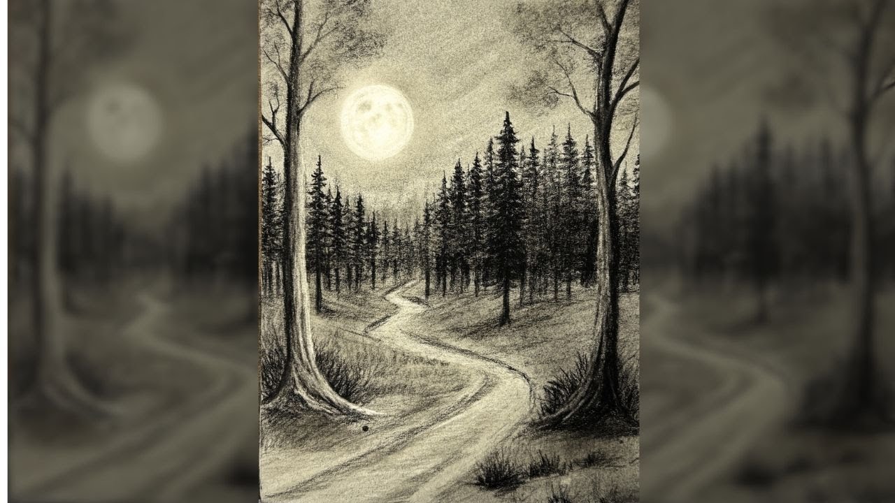 Easy Moonlight Forest Drawing with Pencils | Step by Step Charcoal Art for Beginners