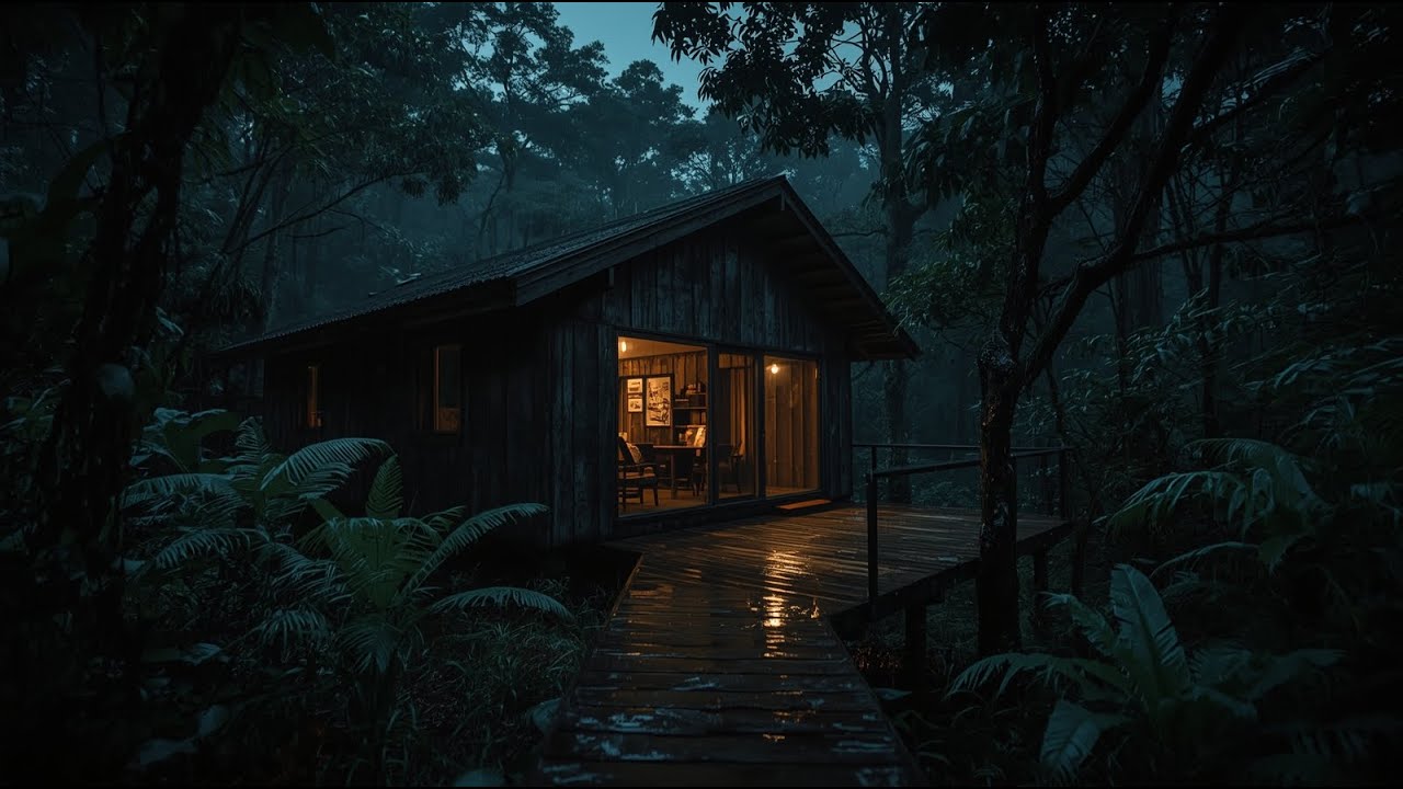Soft Light Rain at Night | Cozy Cabin Guitar Ambience