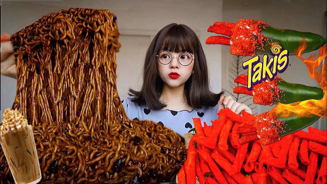 JAJANGMYUN BLACK BEAN NOODLES🤎 KIMCHI, TAKIS JALAPEÑO ft. Paldo Fun & Yum 짜장면, 핫 치토스 고추 먹방