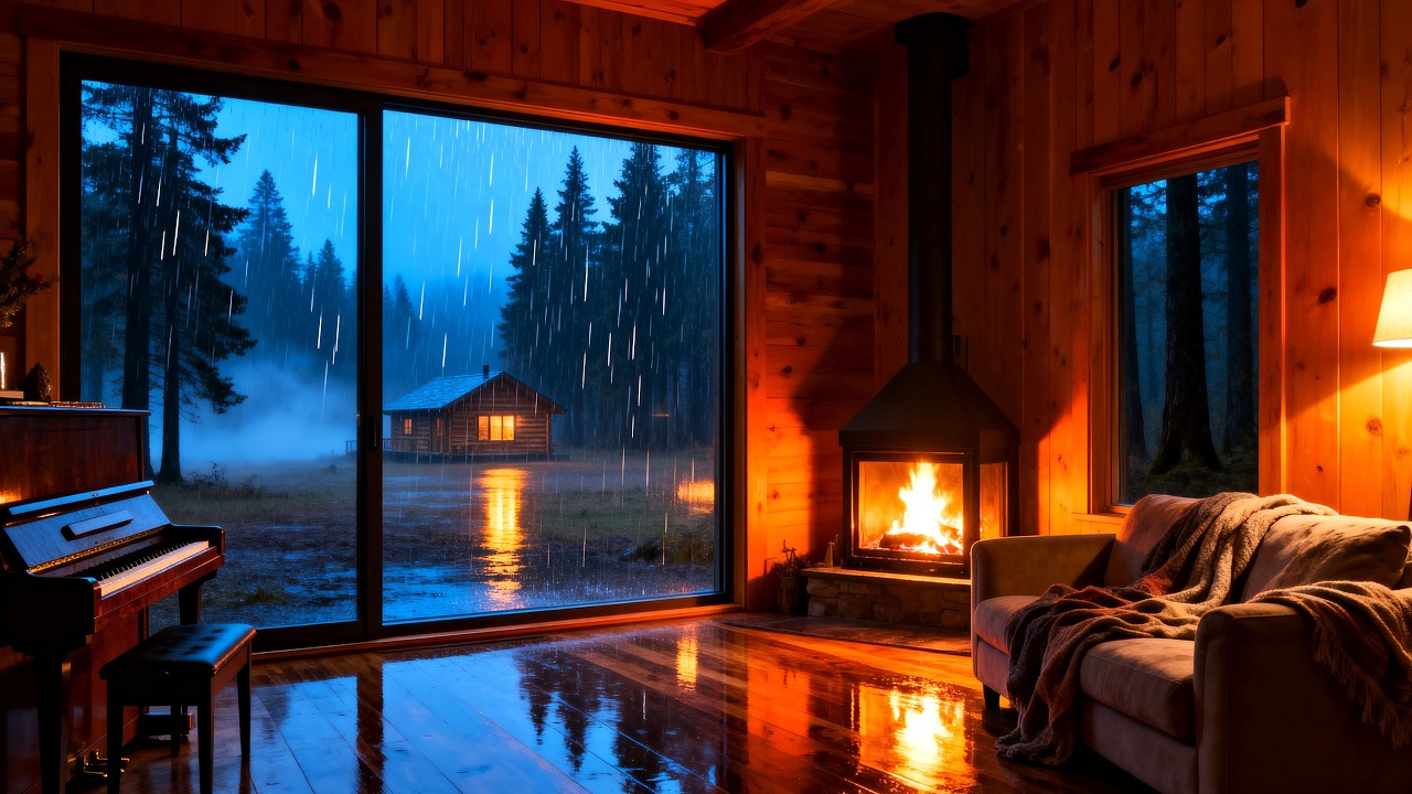 Поудобнее поудобнее: Дождливая хижина — джаз и атмосфера камина 🌧️🔥