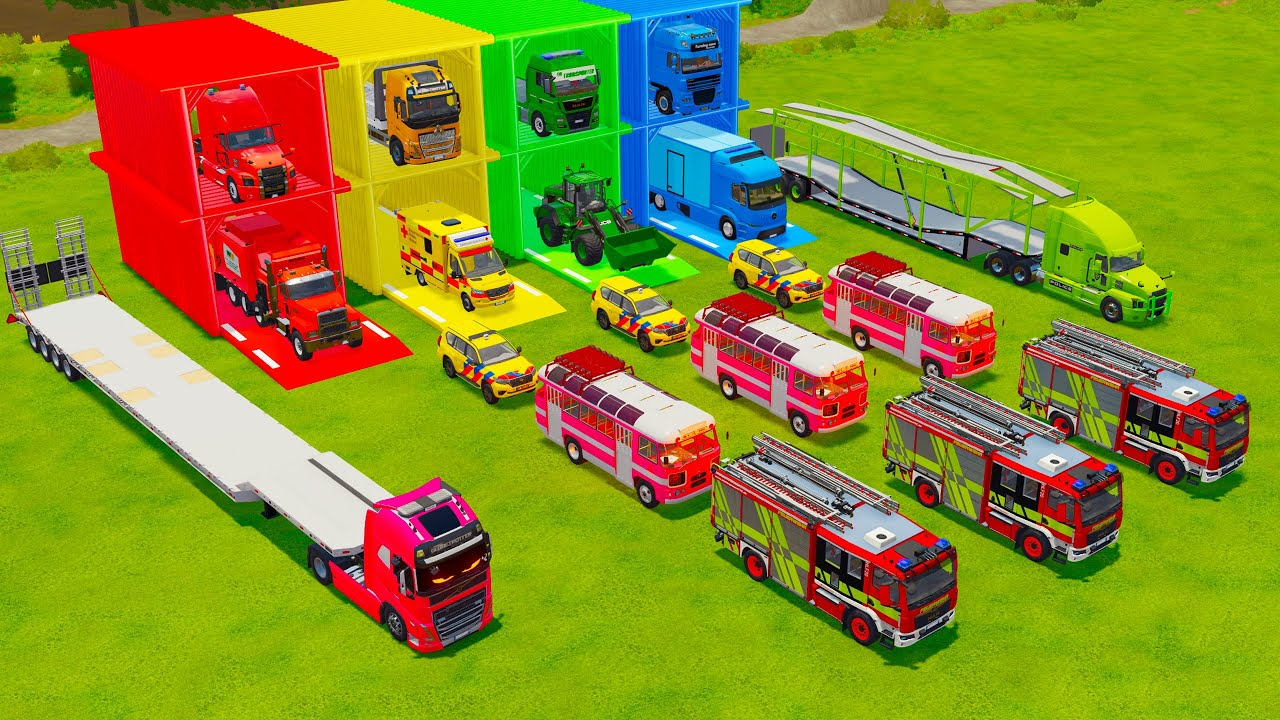 TRANSPORTING FIRE ENGINE, AMBULANCE, POLICE CAR, WHEEL LOADER, GARBAGE TRUCK TO GARAGE - FS22