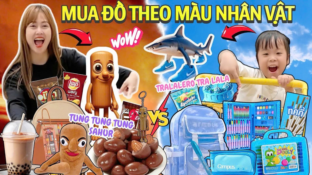 Hà Hí & Mint Vy Thử Thách Mua Đồ Theo Màu Nhân Vật Sahur & Tralalero Với 100K! Ai Mua Được Nhiều Hơn