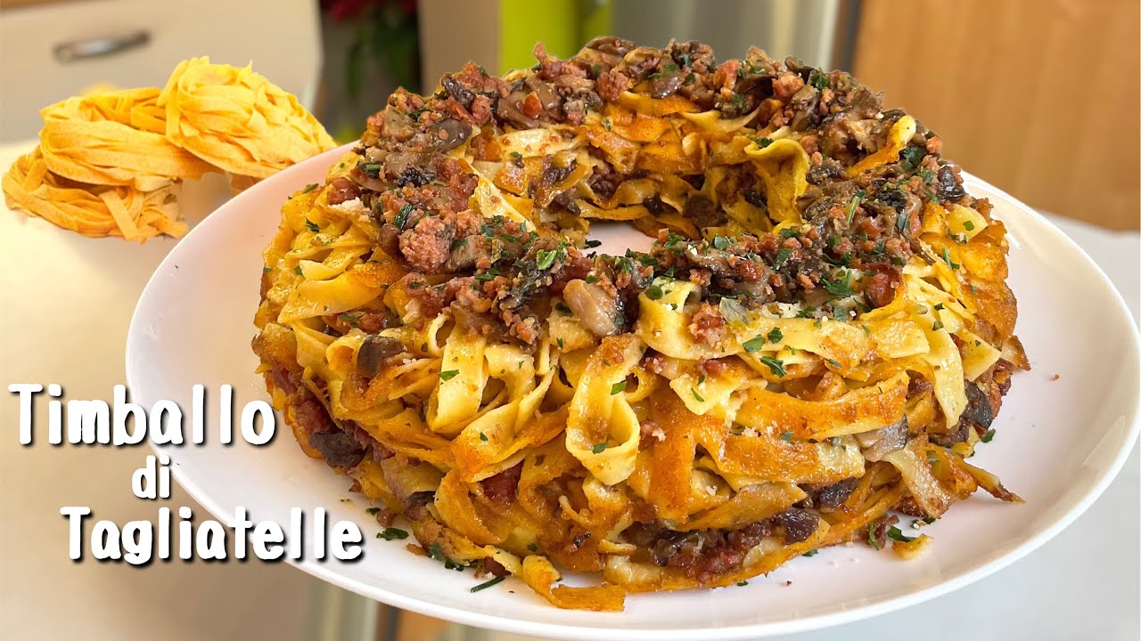 TIMBALLO DI TAGLIATELLE праздничное блюдо КОЛБАСА И ГРИБЫ вкусный рецепт