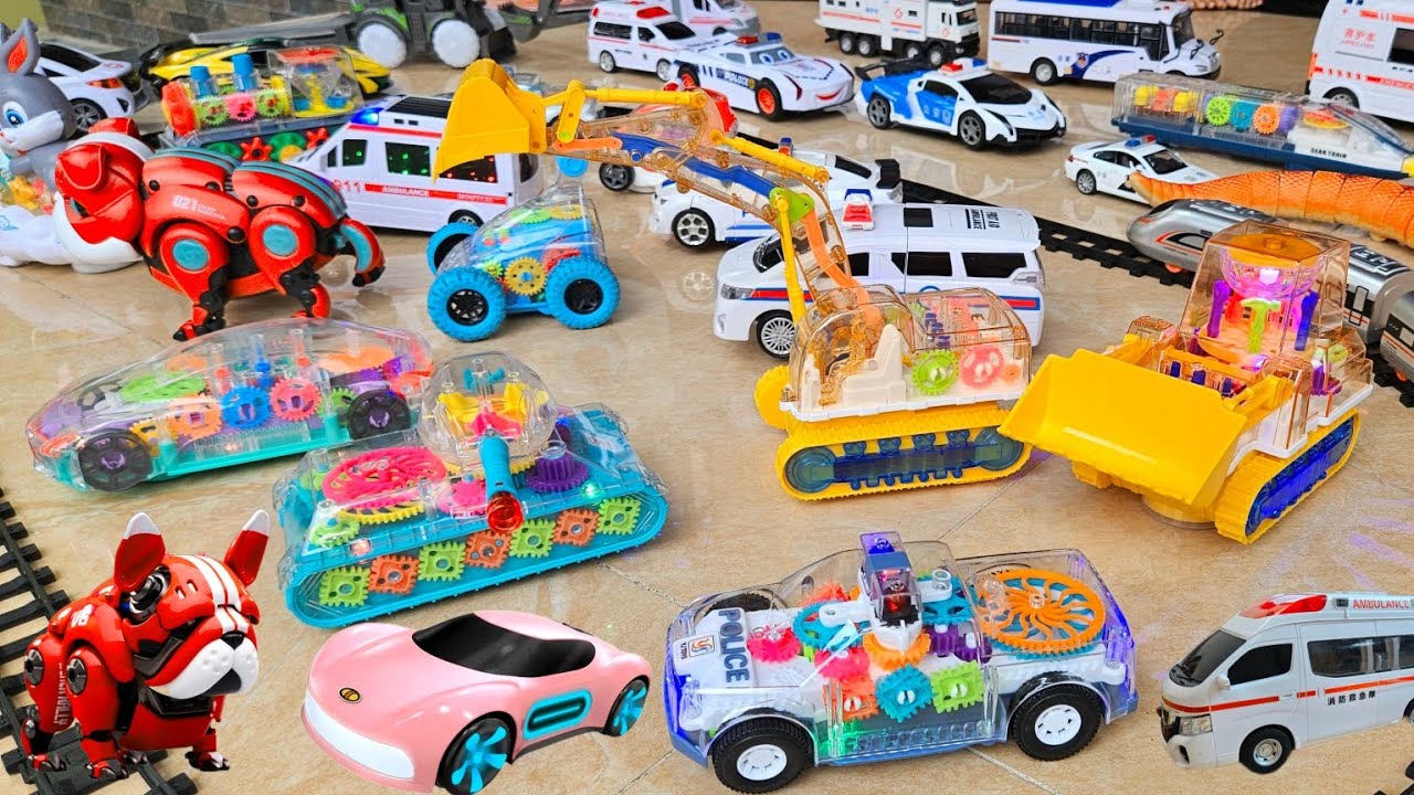 Unboxing transparent gear fire truck, remote control RC city bus, large police car, spray train