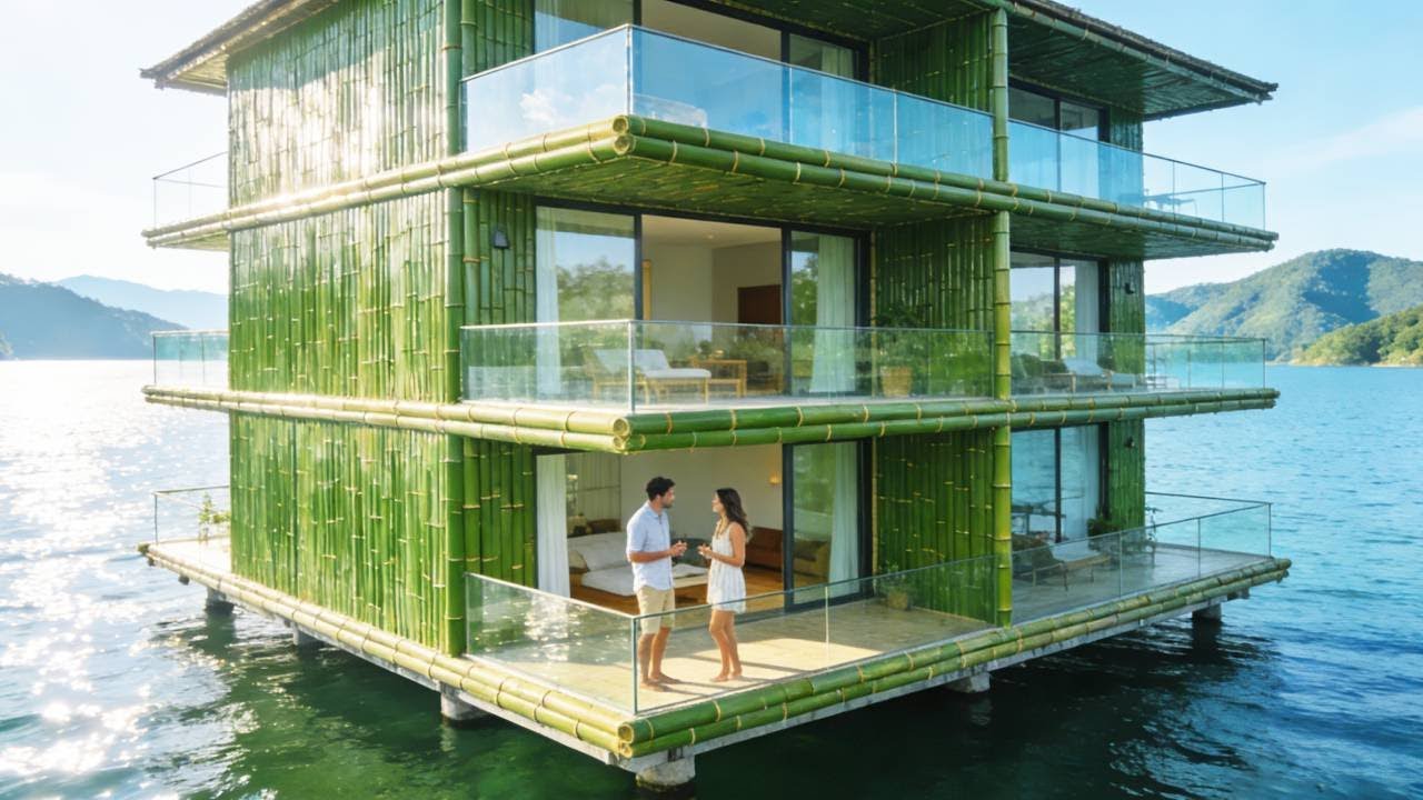 A genius man built a luxurious three-story bamboo house on the water entirely by hand.#diy