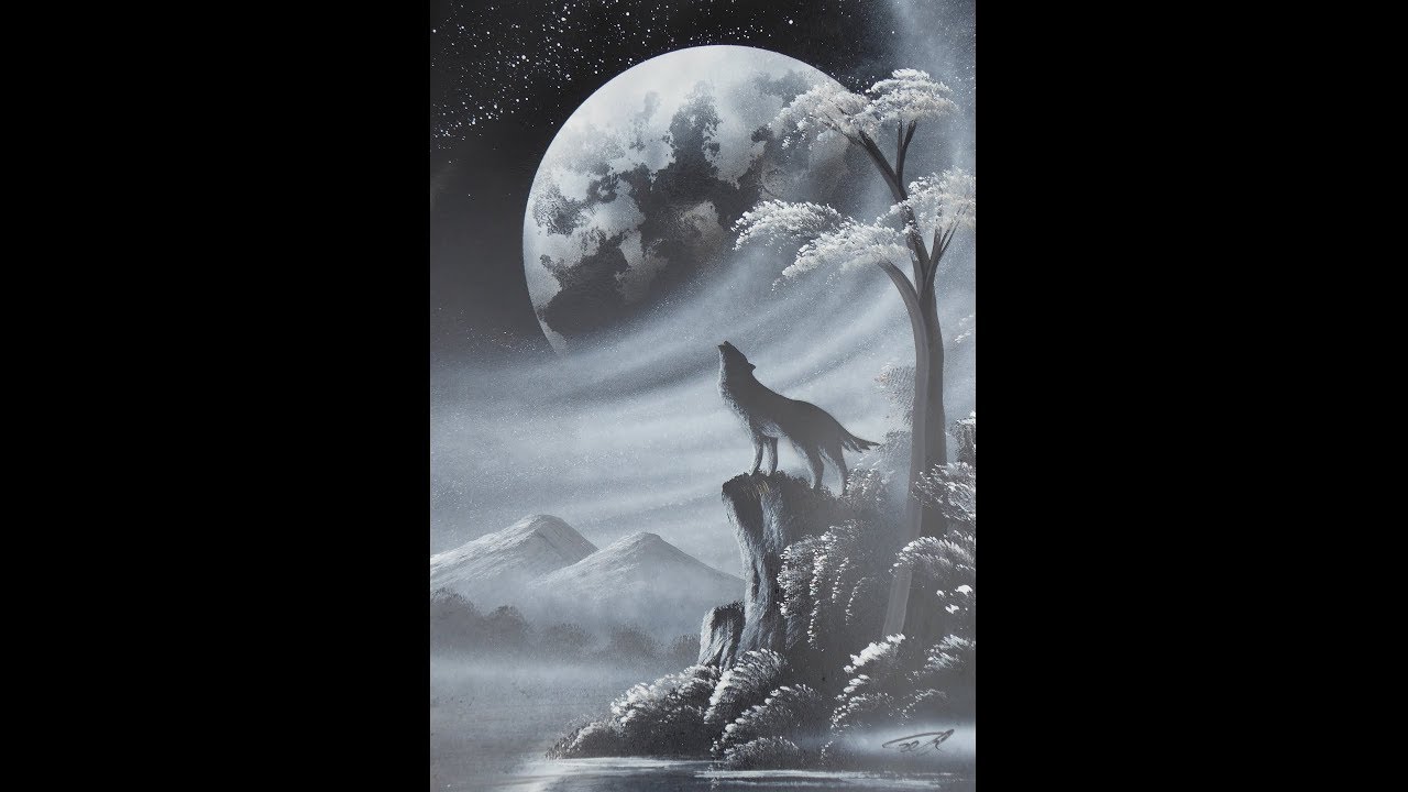 Spray paint art - Wolf and moon - made by street artist