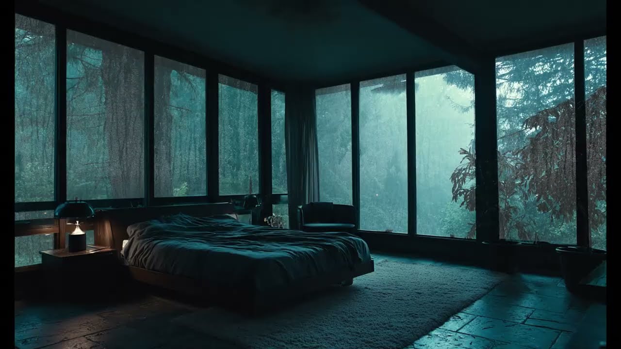 Rain on Window in a Forest Bedroom - Heavy Rainstorm Sounds for Deep Sleep and Meditation