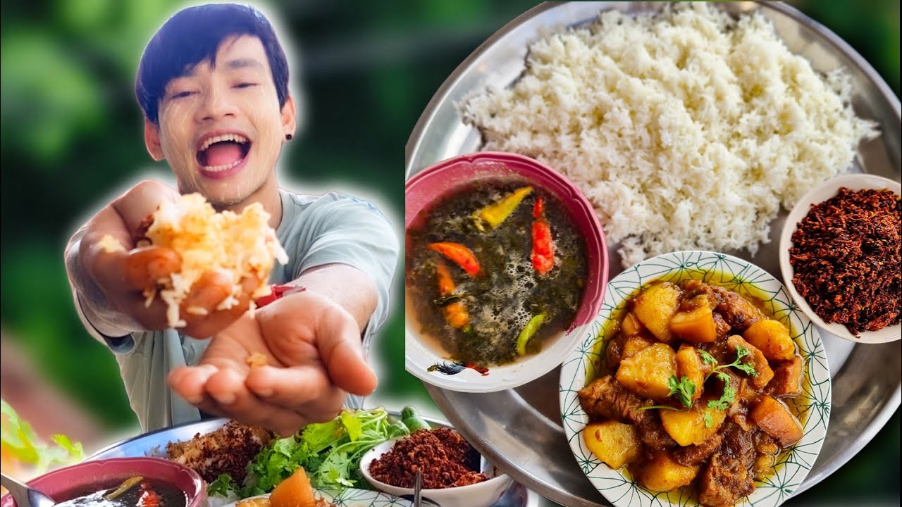 ဝက်သားအာလူးအချိုချက် ချဥ်ပေါင်ဟင်းချိုငရုတ်သီးဆားလှော် ချက်ပြပြီး 🍚🥵