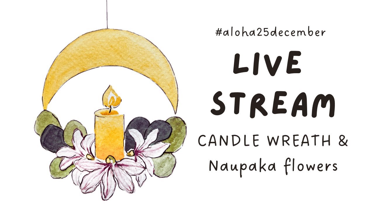 Watercolor & ink wreath with Hawaiian Naupaka flowers