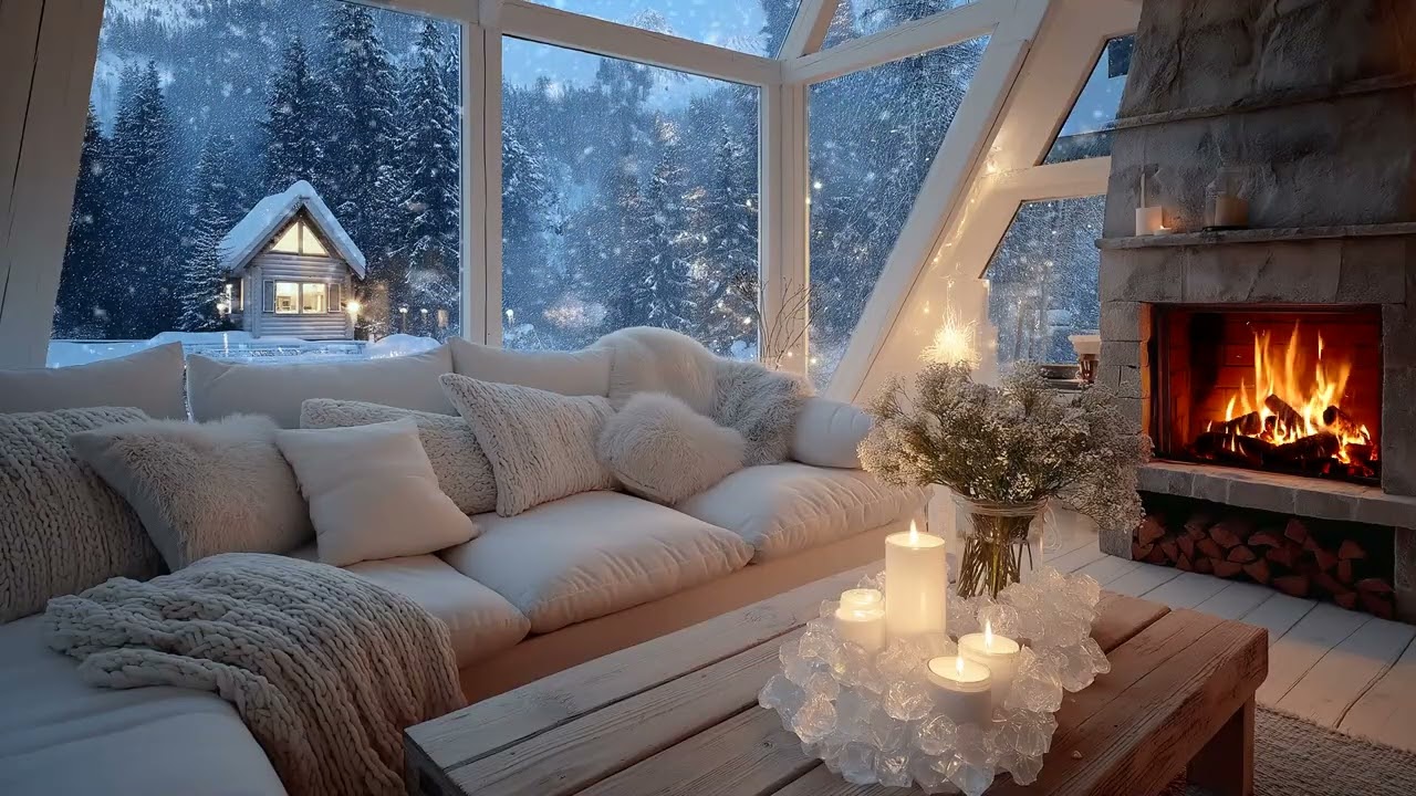 🎹🕯️Relaxing 4-Hour Piano Music | Cozy Room with Fireplace & Snowfall | Perfect for Calm Meditation