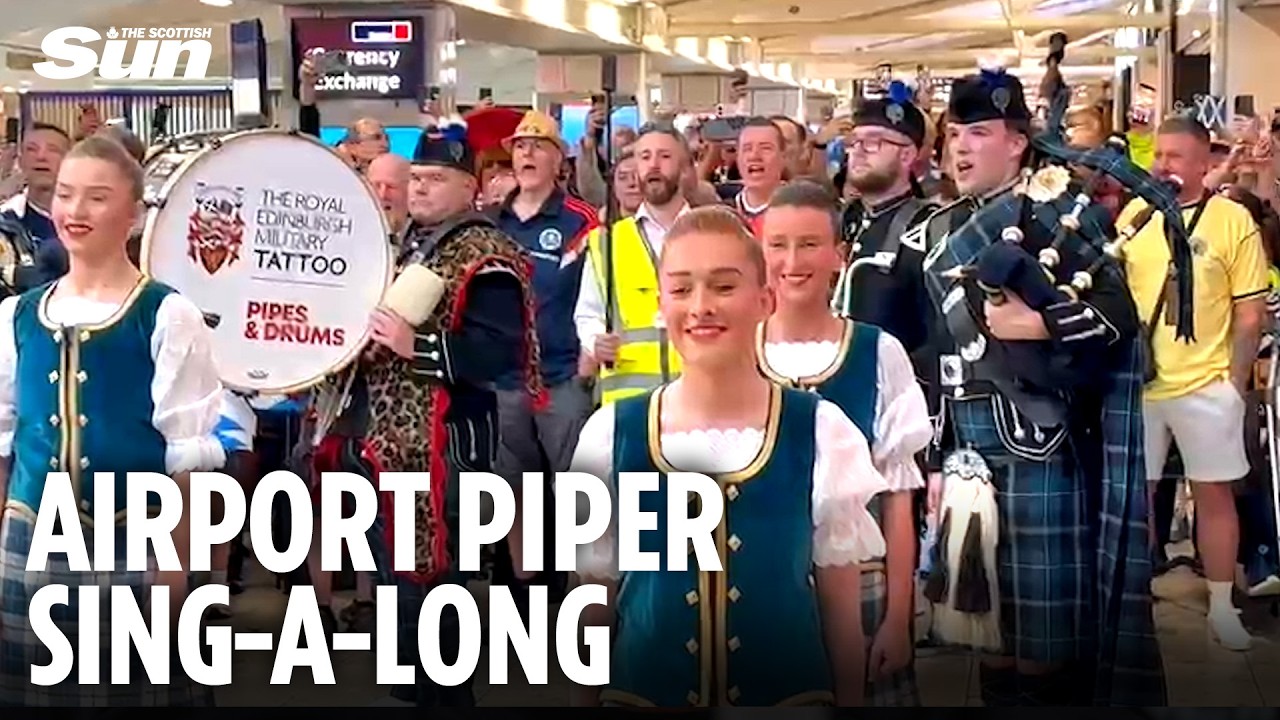 Tartan Army Breakout Flower Of Scotland With Pipers INSIDE Edinburgh Airport as They Jet Off to USA