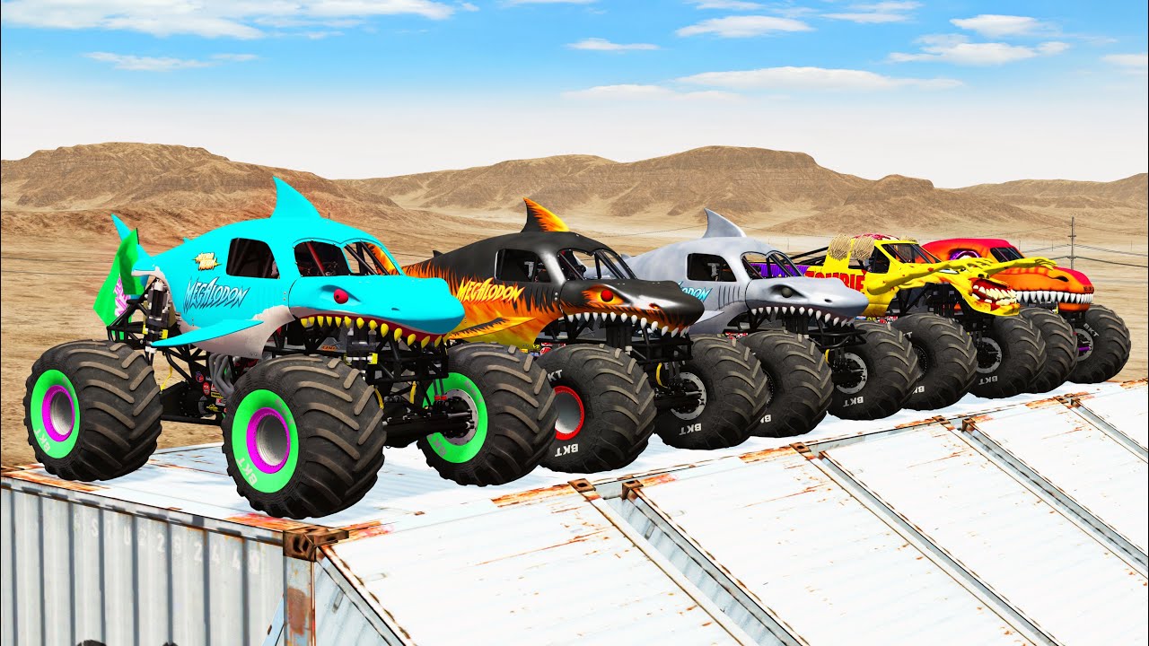 Big Monster Trucks Transport Triple Flatbed with Color Slide