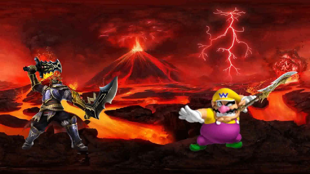 Wario dies by Gannondorf in an epic sword battle at a hellish volcano