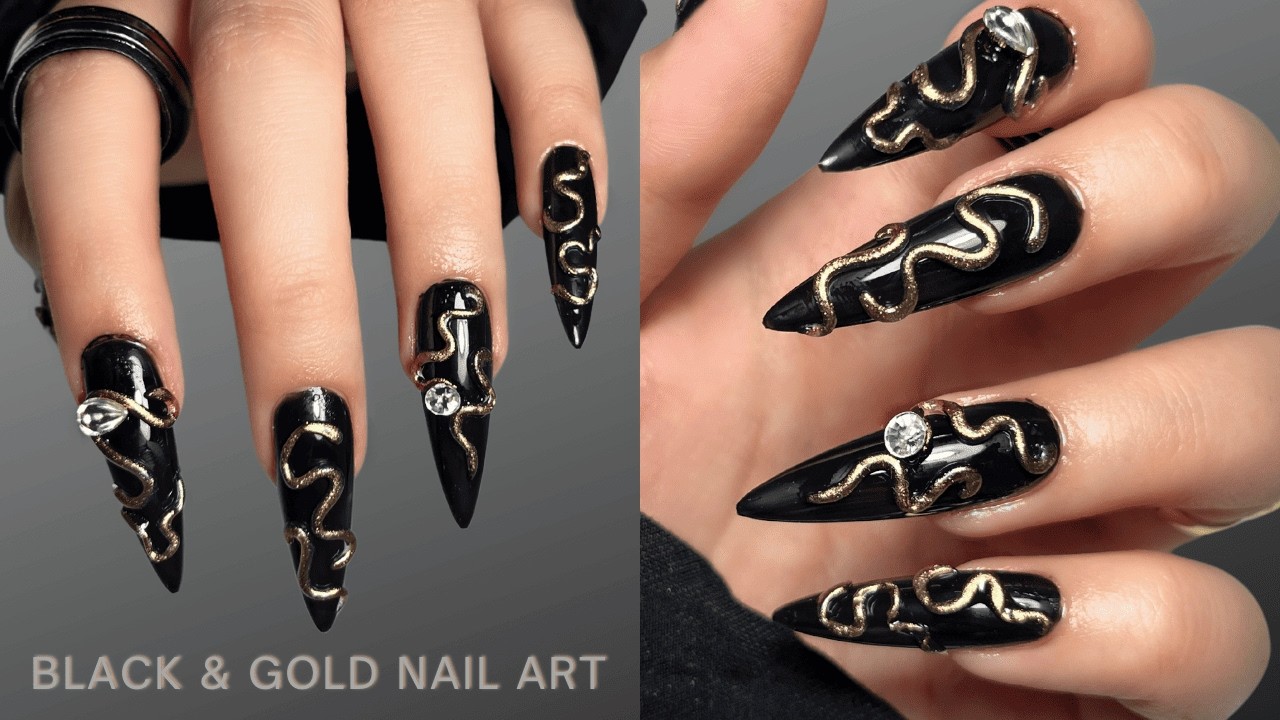 Black and Gold Nails 🖤🤎 3D Nail Art | Nail Extensions | Easy Tutorial | ASMR
