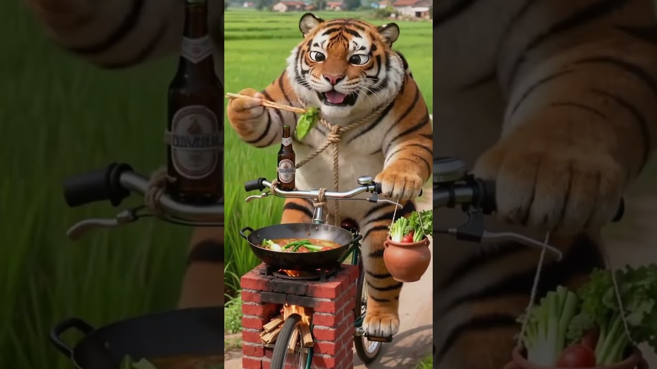 Ep48 || Unique tiger eating and drinking while cycling #catcooking #aicatcook #shorts