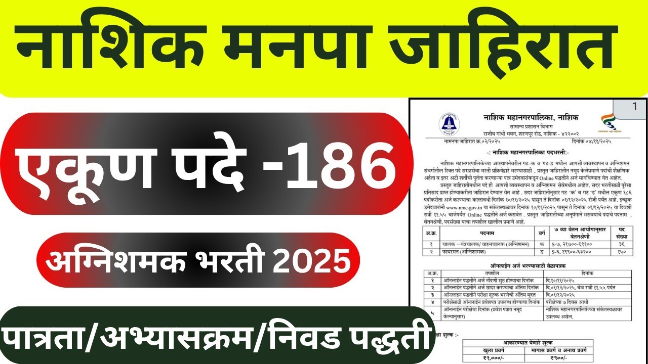नाशिक मनपा अग्निशामक जाहिरात | nashik mahanagarpalika Fireman recruitment 2025 | Nmc bharti apply