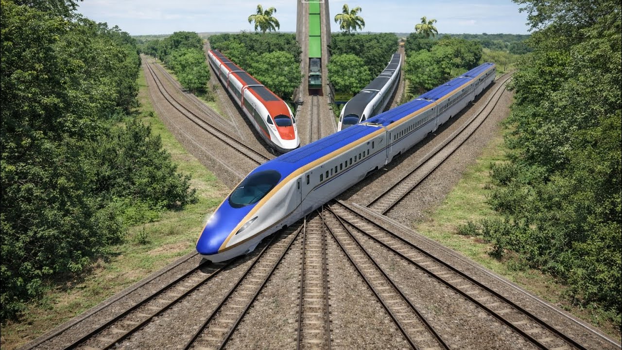 Many High Speed Trains Give Way at a 5 Track Railway Crossing #railroad #train #railtrack #railway