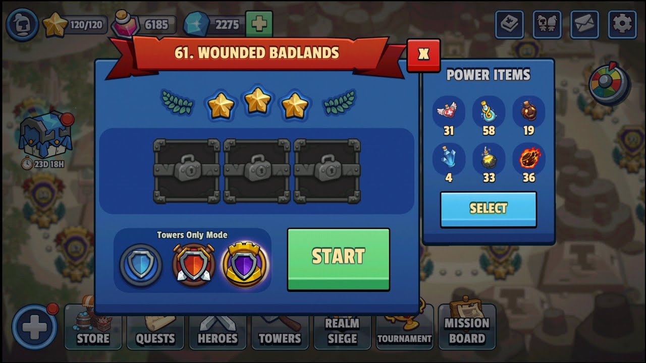 Realm Defense - World 3 | Level 61 (Wounded Badlands) | Towers Only Mode | 3 Stars | No Spell