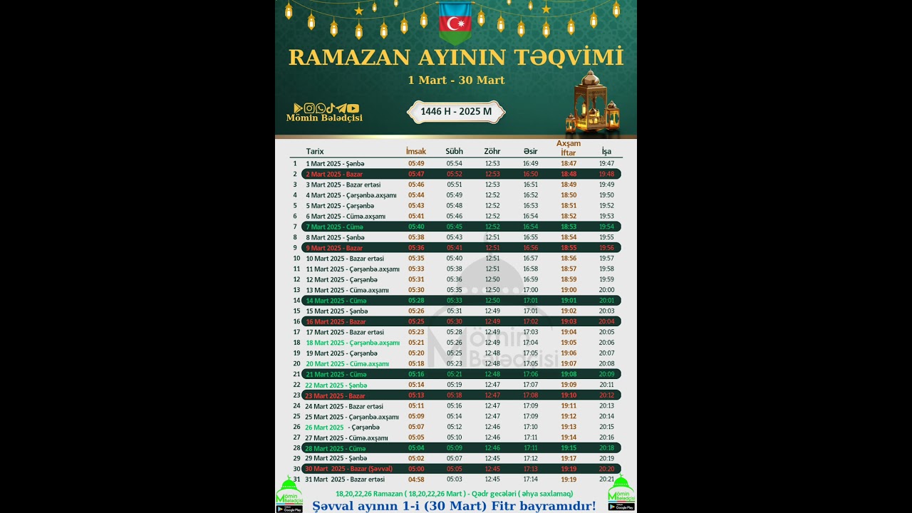 Ramazan Təqvimi - 2025 