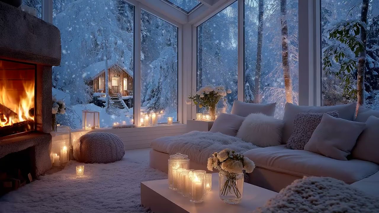 🎹Warm Fireplace Piano | Winter White Lounge with Candles ❄️ 5 Hours | Study Meditation Sleep Healing
