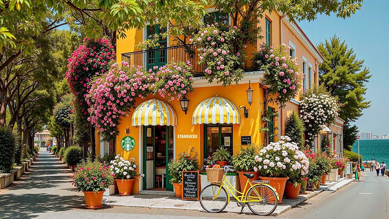 【リラックス bgm スタバ】Jazz Starbucks by Amalfi Coast ☕海辺にある花いっぱいのスタバで、ジャズを聴きながらコーヒータイムしませんか？集中して仕事や勉強できるBGM