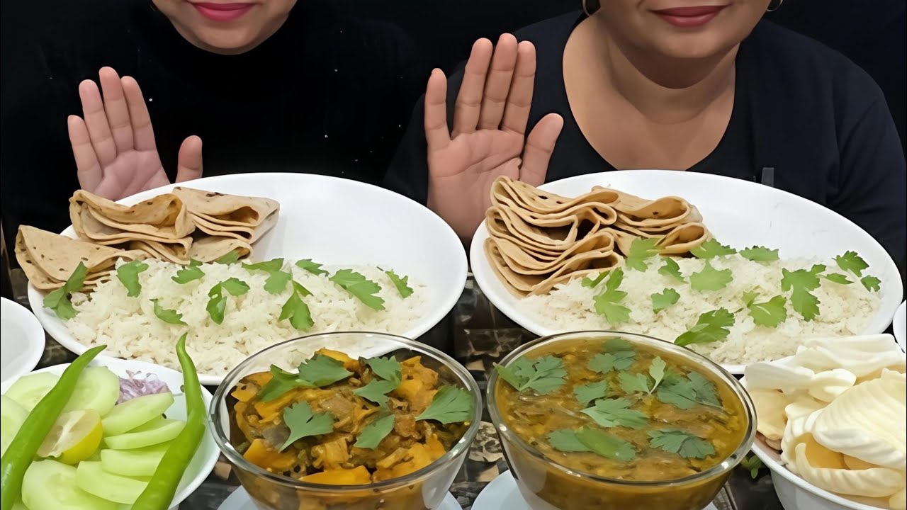 ASMR Eating Mix Daal with Rice,Green Onions ki sabzi with Roti,Papad and Salad 🥗  #asmr #eatingshow 