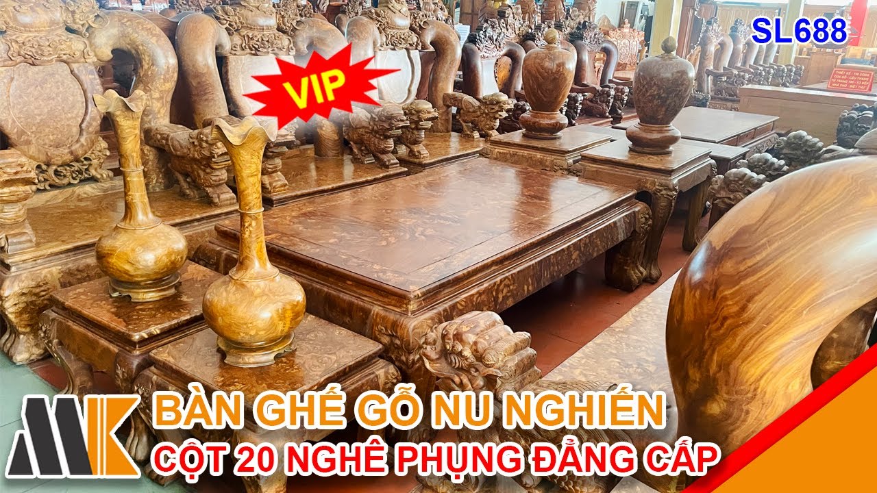 Bộ Bàn Ghế Gỗ Nu Nghiến Cột 20 Nghê Phụng Đẳng Cấp - SL688 | Minh Khôi
