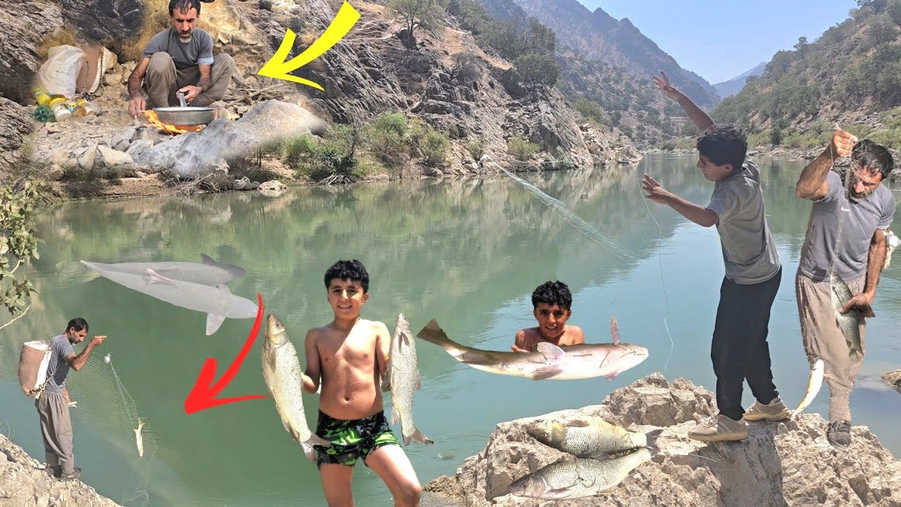 The easiest way to fish in the river: nomadic father and son | fishing, swimming, cooking fish