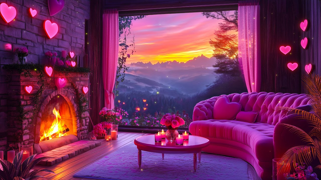 Valentine Jazz 💗 Cozy Living Room with Fireplace & Pink Sunset Mountain View