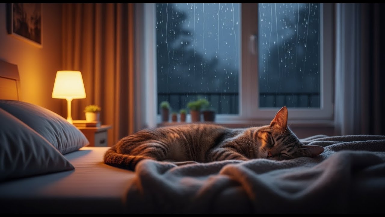 Gentle Night Ambience | Relaxing Music with Rain, Cozy Bedroom, Cat Resting Peacefully 🐱🌧️