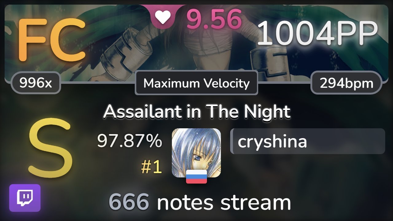 🔴 9.6⭐ cryshina | e-ZUKA - Assailant in The Night [Maximum Velocity] 97.87% FC #1 | 1004pp - osu!