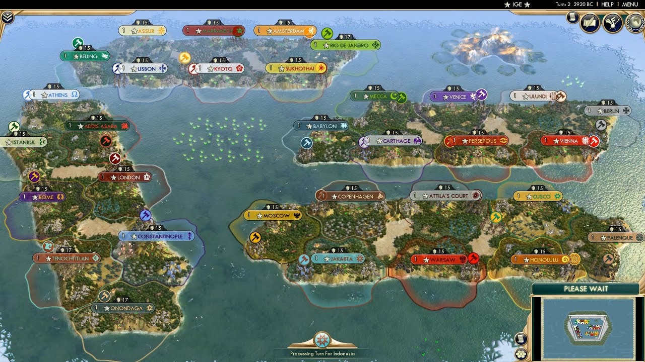 Civ 5 AI Only Timelapse: Intercontinental Madness, 32 Civs on Four Micro Continents