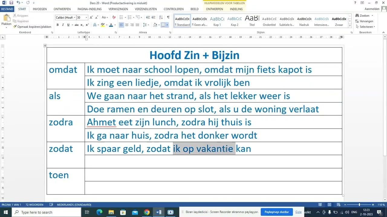 Ders 20. Hollandaca Ana Cümle+Yardımcı Cümle-1, Hoofdzin+Bijzin-1, NT2